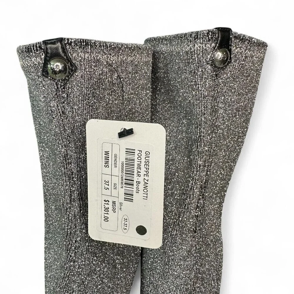 Giuseppe Zanotti Women's Silver Glitter Over-the-Knee Flat Boots Sz 37.5 NWOT